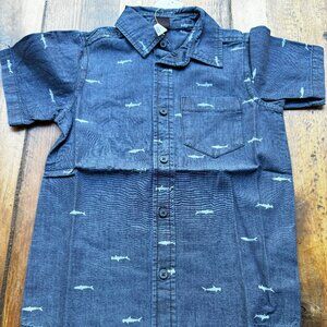 NWT Tea Collection Boys Chambray Woven Short Sleeve Button Shirt Sharks Size 6